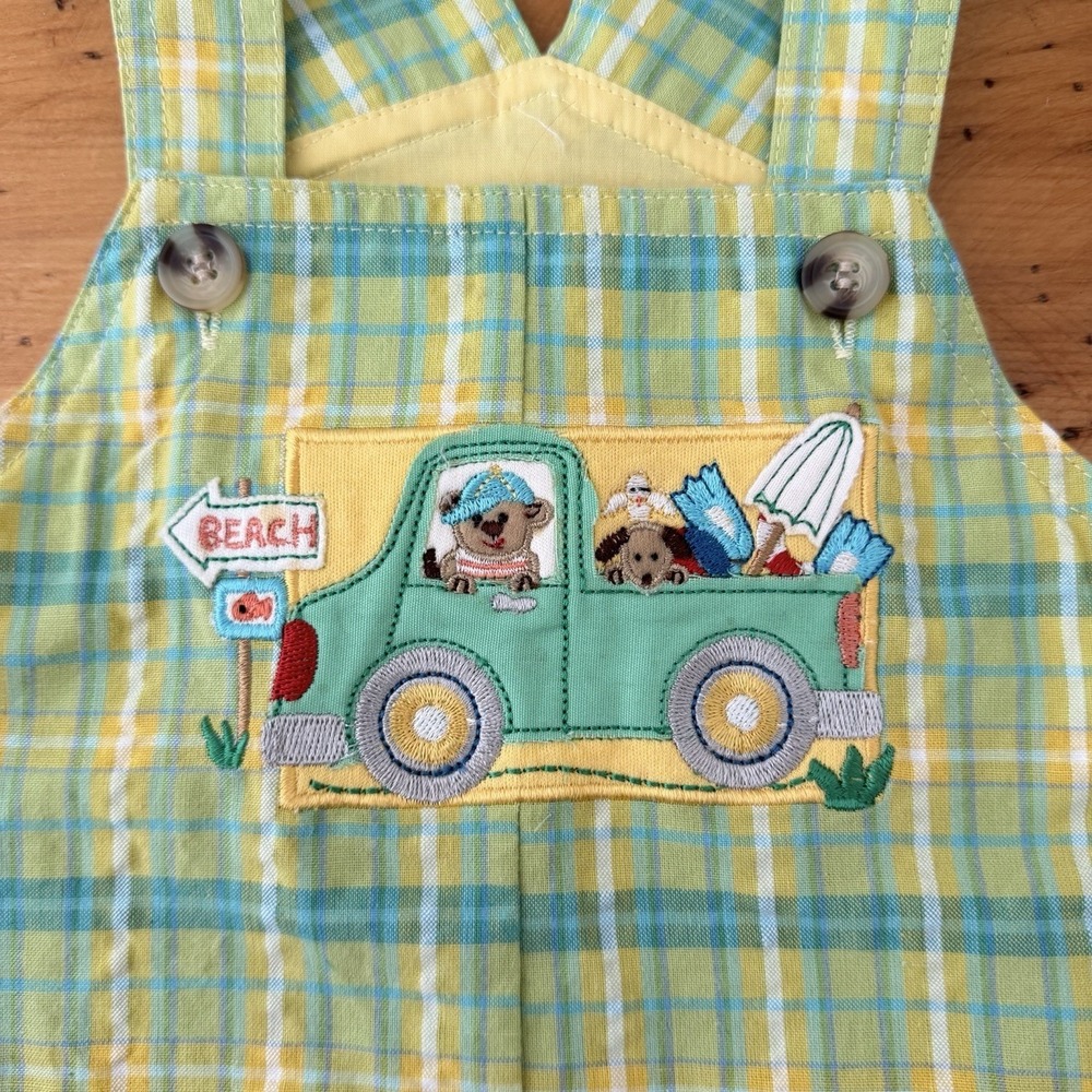Vintage Baby Boys 6-9M Plaid Shortalls Beach Bear Truck Applique Summer Overalls